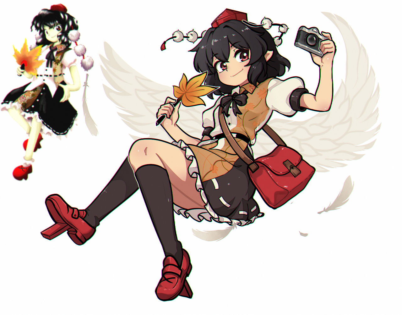 dagger131134 (kama astor), zun (artist), shameimaru aya, touhou, commentary, 1girl, bag, belt, black belt, black bow, black hair, black socks, bow, camera, closed mouth, dress, eyelashes, feathered wings, full body, handbag, hat, holding, holding camera, holding leaf, kneehighs, leaf, multicolored dress, official art inset, pointy ears, red bag, red eyes, red hat, red shoes, reference inset, shoes, short hair, short sleeves, simple background, smile, socks, solo, white background, wings