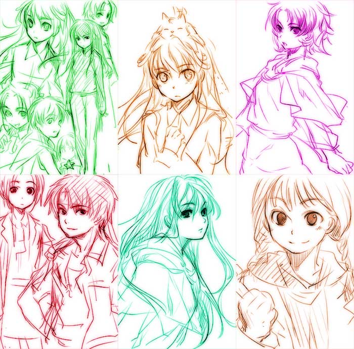ame yamori, azalie cait sith, cleo everlastin, constance magee, leki, leticia maccready, majic lin, orphen, majutsushi orphen, 2boys, 6+girls, headband, long hair, monochrome, multiple boys, multiple girls, multiple monochrome, short hair, sketch