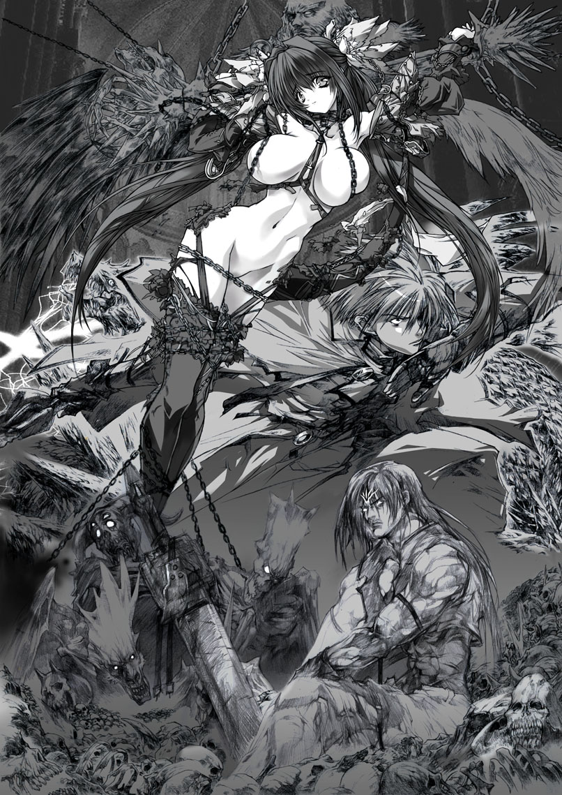q azieru, dizzy (guilty gear), ky kiske, sol badguy, arc system works, guilty gear, 1girl, 2boys, bdsm, bondage, bound, breasts, chain, detached sleeves, functionally nude, greyscale, hair ornament, large breasts, monochrome, monster, multiple boys, muscular, narrow waist, skeleton, skull, suspension, sword, thighhighs, twintails, weapon, wings