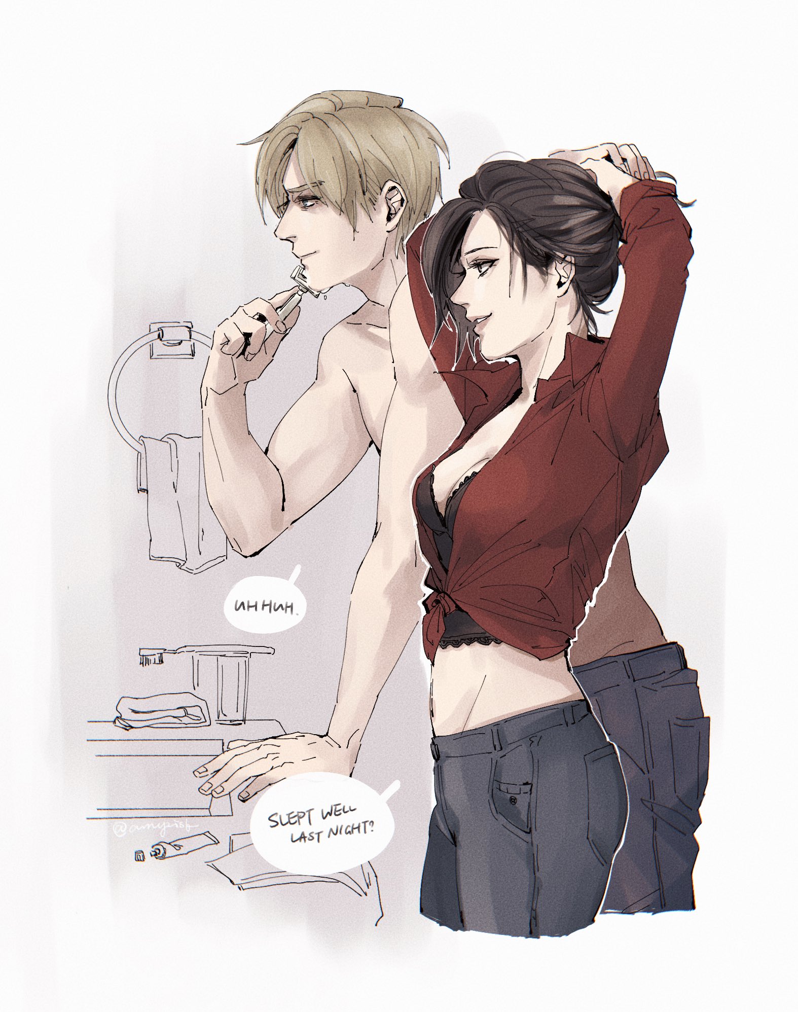 ada wong, leon s. kennedy, resident evil, chinese commentary, commentary request, highres, 1boy, 1girl, adjusting hair, arms up, arnyrisk, bathroom, black hair, blonde hair, blue pants, breasts, cleavage, cowboy shot, crop top, denim, english text, from side, holding, indoors, jeans, lips, midriff, pants, parted lips, profile, red shirt, shaving, shaving beard, shirt, short hair, sink, speech bubble, tied shirt, topless male, tying hair