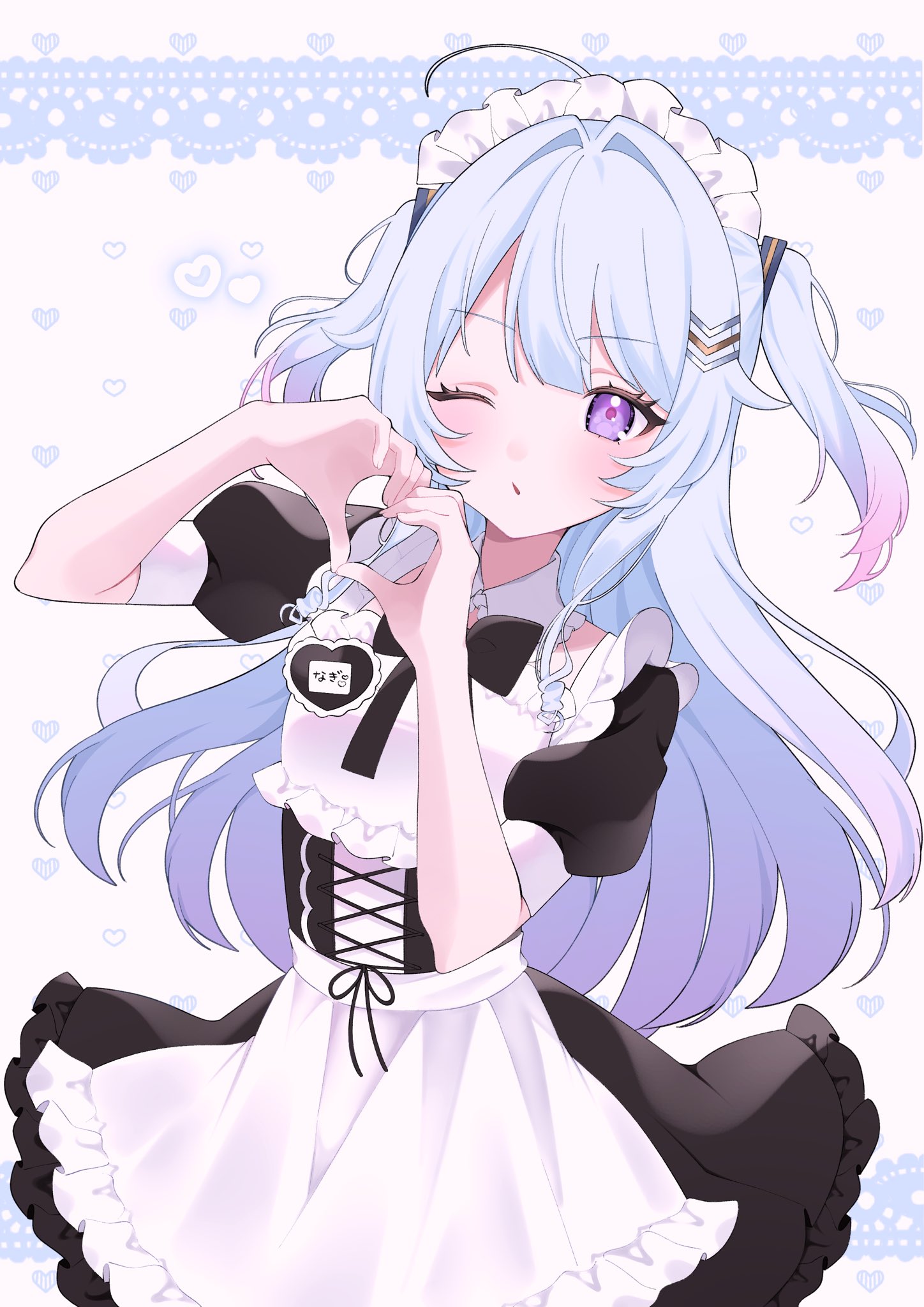 lilichanxxx, okamoto nagi, indie virtual youtuber, commentary, highres, 1girl, ahoge, apron, black dress, blue hair, dress, frilled apron, frills, gradient hair, hair between eyes, heart, heart hands, long hair, looking at viewer, maid, maid headdress, multicolored hair, name tag, one eye closed, open mouth, puffy short sleeves, puffy sleeves, purple eyes, short sleeves, solo, virtual youtuber