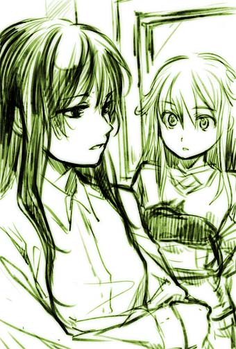 ame yamori, cleo everlastin, leki, leticia maccready, majutsushi orphen, 2girls, green theme, long hair, monochrome, multiple girls