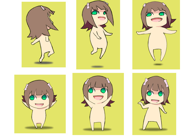 zearthp, amami haruka, kuma (persona 4), nonowa, atlus, idolmaster, idolmaster (classic), idolmaster 1, persona, persona 4, 1girl, :d, brown hair, chibi, collarbone, green eyes, looking at viewer, multiple views, nude, open mouth, parody, smile, standing