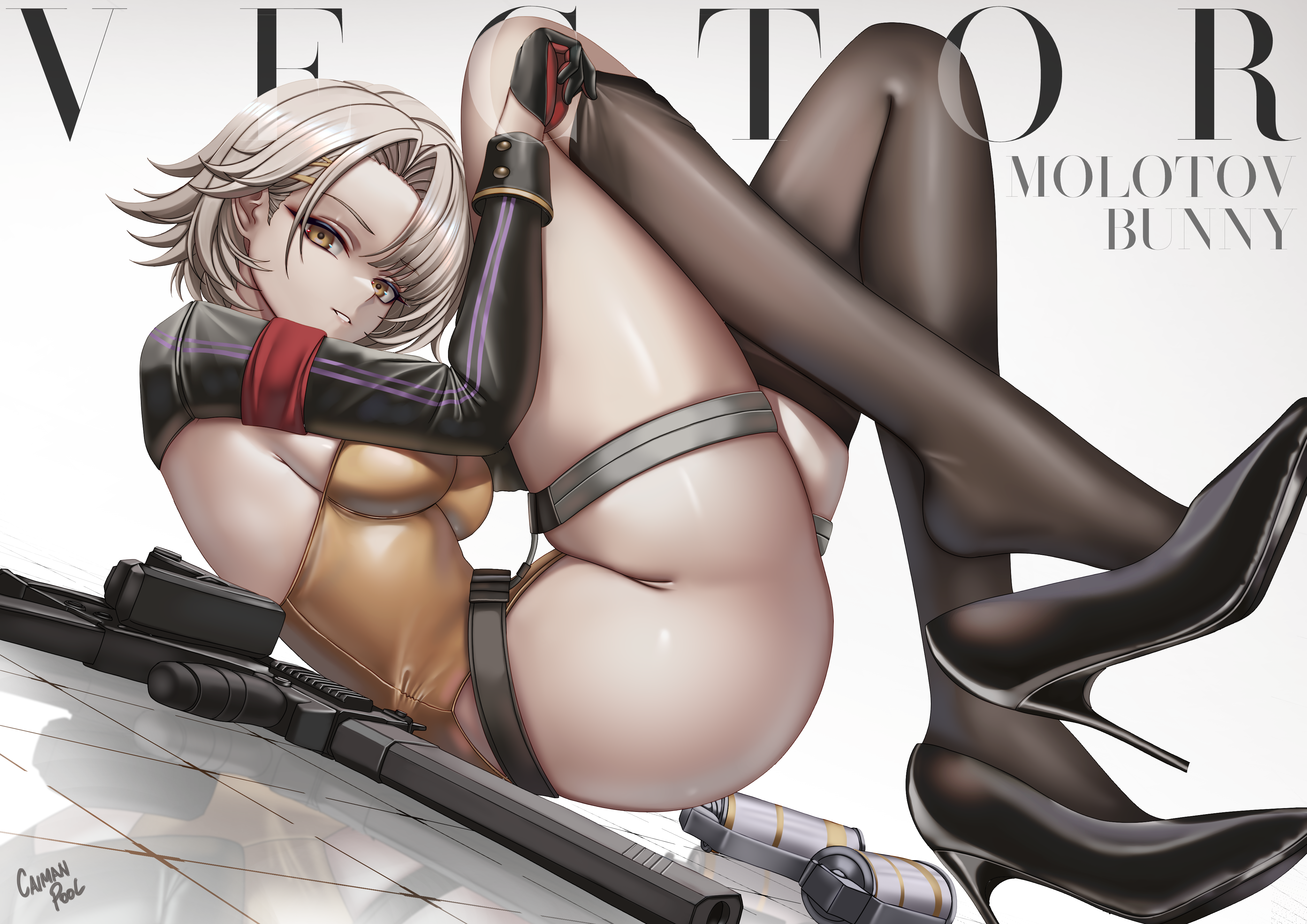 caiman pool, vector (girls' frontline), vector (girls' frontline 2), vector (molotov bunny) (girls' frontline 2), girls' frontline, girls' frontline 2: exilium, absurdres, commentary, english commentary, highres, 1girl, adjusting clothes, adjusting legwear, armband, artist name, bare hips, black gloves, black shoes, black shrug, black thighhighs, breasts, brown eyes, brown hair, buttoned cuffs, buttons, character name, english text, explosive, foot up, from side, full body, gloves, grenade, grey background, gun, hand up, high heels, knees up, kriss vector, leotard, long sleeves, looking at viewer, lying, official alternate costume, on back, open mouth, parted lips, red armband, red gloves, shiny floor, shiny skin, shoe dangle, shoes, short hair, shrug (clothing), sideboob, signature, simple background, skindentation, solo, strapless, strapless leotard, submachine gun, thick thighs, thigh strap, thighhighs, thighhighs pull, thighs, tile floor, tiles, turning head, two-tone gloves, weapon, white mouth, yellow leotard