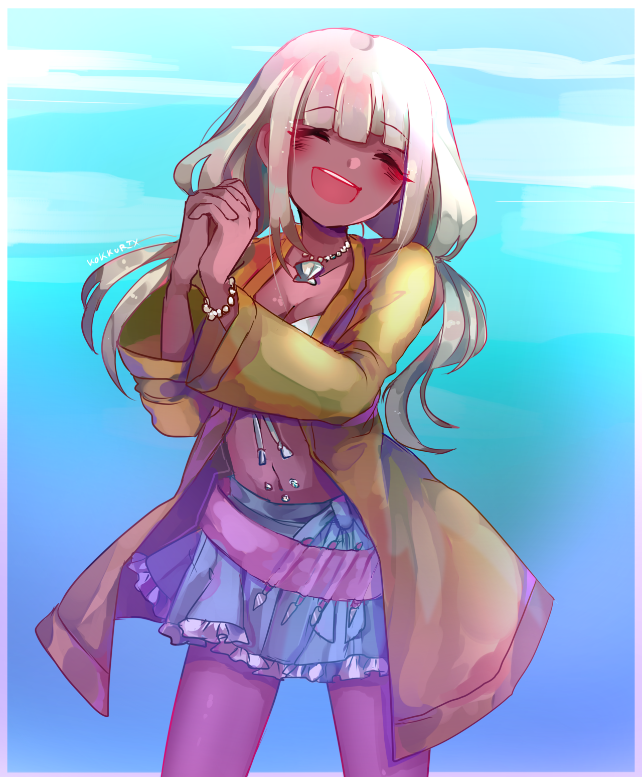 kokkurix, yonaga angie, danganronpa (series), danganronpa v3: killing harmony, commentary, english commentary, highres, 1girl, artist name, blue skirt, blue sky, blush, border, closed eyes, cowboy shot, dark-skinned female, dark skin, day, eyelashes, jacket, jewelry, long hair, navel, navel piercing, necklace, open clothes, open jacket, open mouth, own hands together, piercing, shell, shell necklace, skirt, sky, smile, solo, stomach, teeth, upper teeth only, white border, white hair, yellow jacket
