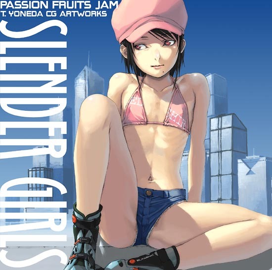 yoneda taishou, original, 1girl, arms behind back, artist name, bare shoulders, bikini, bikini top only, black hair, blue sky, building, cityscape, clothes writing, collarbone, cutoffs, day, denim, denim shorts, english text, female focus, flat chest, full body, gradient background, hat, inline skates, knee up, legs, light smile, loli, looking to the side, mole, mole under mouth, navel, newsboy cap, outdoors, pink bikini, print bikini, red eyes, ribs, roller skates, short hair, short shorts, shorts, sitting, skates, sky, skyscraper, smile, solo, spread legs, swept bangs, swimsuit