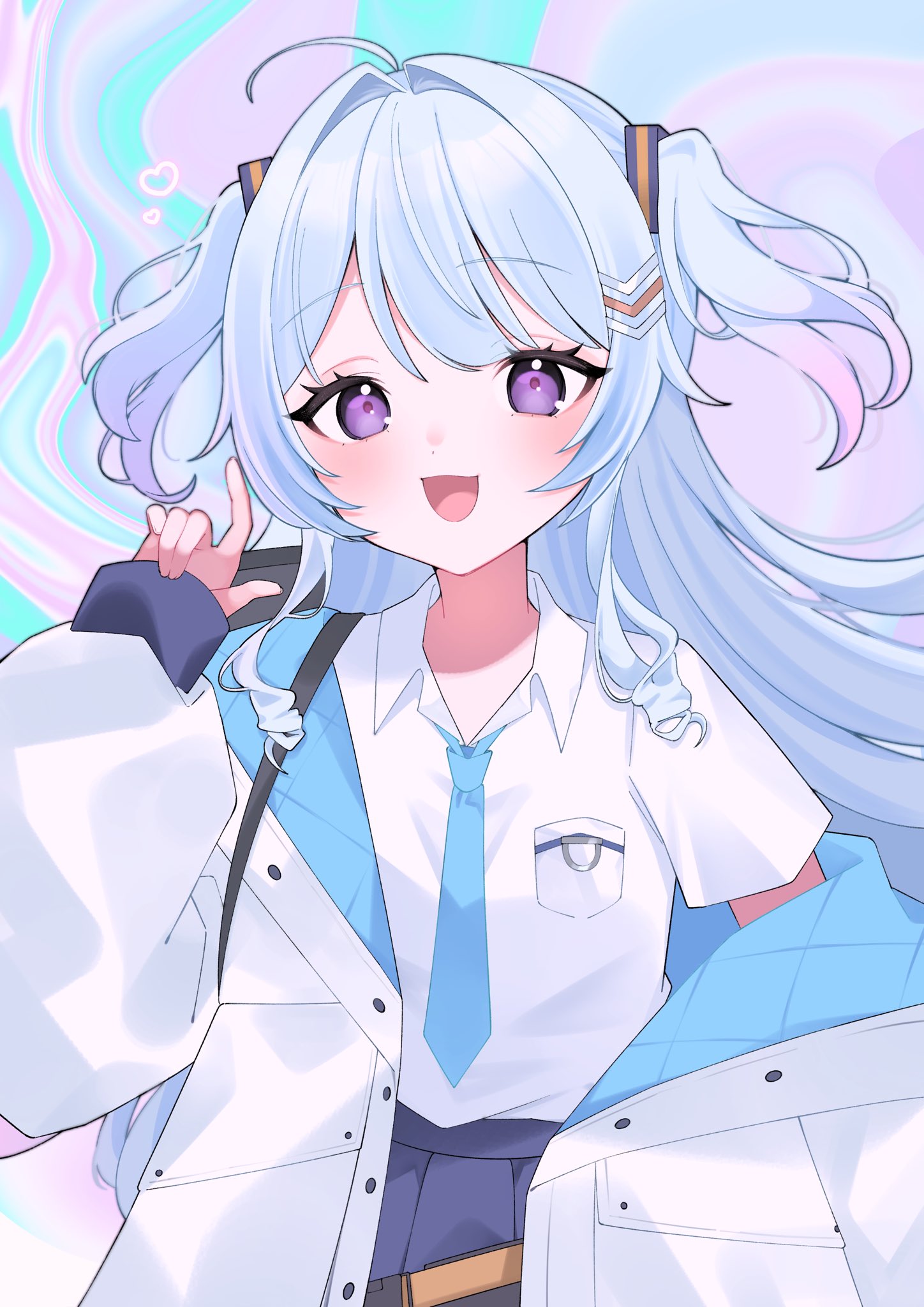 lilichanxxx, okamoto nagi, indie virtual youtuber, highres, 1girl, ahoge, black skirt, blue necktie, hair ornament, hairclip, half updo, index finger raised, jacket, long hair, multicolored jacket, necktie, open clothes, open jacket, open mouth, parallel hairclips, purple eyes, shirt, shirt tucked in, short sleeves, skirt, smile, solo, two-tone jacket, virtual youtuber, white jacket, white shirt