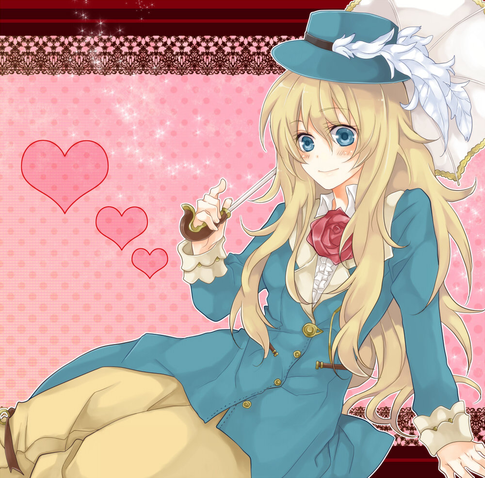 konoha2014, selphy, rune factory, rune factory frontier, 1girl, blonde hair, blue hat, closed mouth, flower, hat, hat feather, heart, holding, holding umbrella, long hair, pale skin, polka dot, polka dot background, red flower, red rose, rose, smile, solo, umbrella
