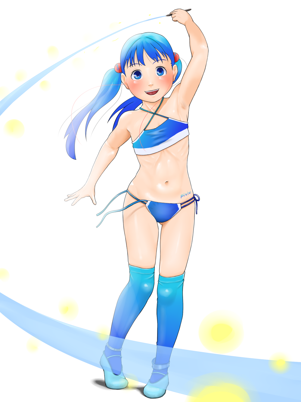 hentai oyaji, pixiv-tan, pixiv, bad id, bad pixiv id, highres, 1girl, armpits, blue eyes, blue hair, blush, female focus, flat chest, kneehighs, legs, long hair, matching hair/eyes, navel, open mouth, panties, ribs, side-tie panties, socks, solo, thighhighs, twintails, underwear