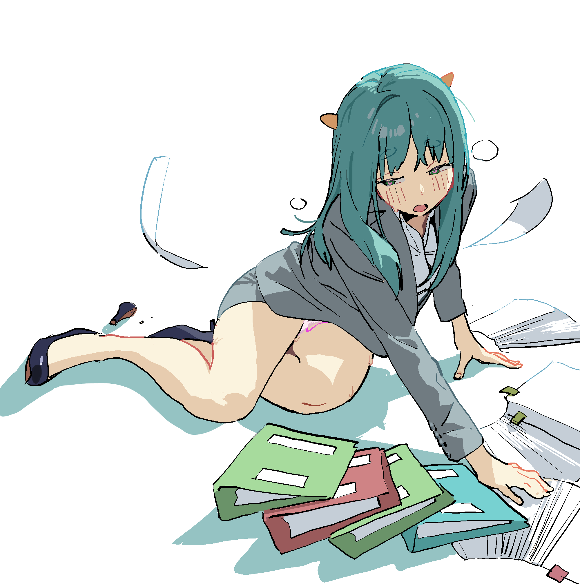 some1else45, nahia (some1else45), original, commentary, highres, 1girl, bare legs, black shoes, blush, breath, broken high heel, cone horns, dress shirt, fallen down, falling paper, full body, green hair, grey jacket, grey skirt, half-closed eyes, high heels, horns, jacket, long hair, miniskirt, office lady, panties, pantyshot, paper, pink panties, sex toy, shirt, shoes, simple background, skirt, solo, straight hair, underwear, very long hair, vibrator, vibrator under clothes, vibrator under panties, white background, white shirt