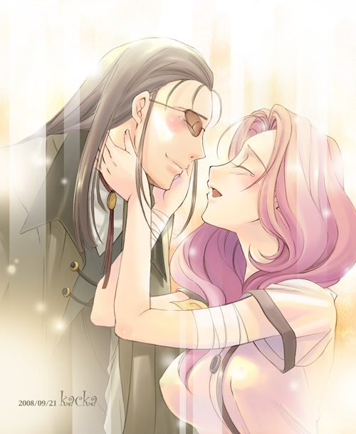 kacka, cornelia li britannia, gilbert g.p. guilford, code geass, 00s, 1boy, 1girl, bandages, black hair, blush, closed eyes, couple, formal clothes, glasses, hetero, long hair, purple hair, smile