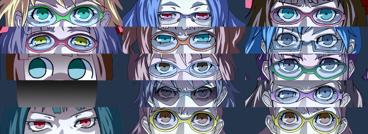 zearthp, akizuki ritsuko, amami haruka, dark haruka, futami ami, futami mami, hagiwara yukiho, hoshii miki, kikuchi makoto, kisaragi chihaya, minase iori, miura azusa, nonowa, otonashi kotori, producer (idolmaster), takatsuki yayoi, atlus, idolmaster, idolmaster (classic), idolmaster 1, persona, persona 3, persona 4, 6+girls, column lineup, cut-in, dual persona, eye focus, glasses, lineup, multiple girls, parody, persona eyes, siblings, sisters, twins