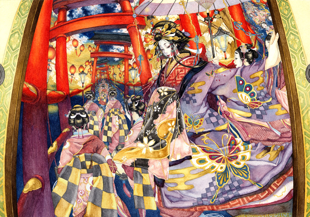 shuka (taupe), original, traditional clothes, painting (medium), traditional media, watercolor (medium), 6+girls, animal print, back, black hair, butterfly print, egasumi, fisheye, geisha, hanairi kikkou, hexagon, hishi (pattern), honeycomb pattern, japanese clothes, kimono, lantern, makeup, multiple girls, multiple torii, oiran, perspective, print kimono, sayagata, taupe, torii