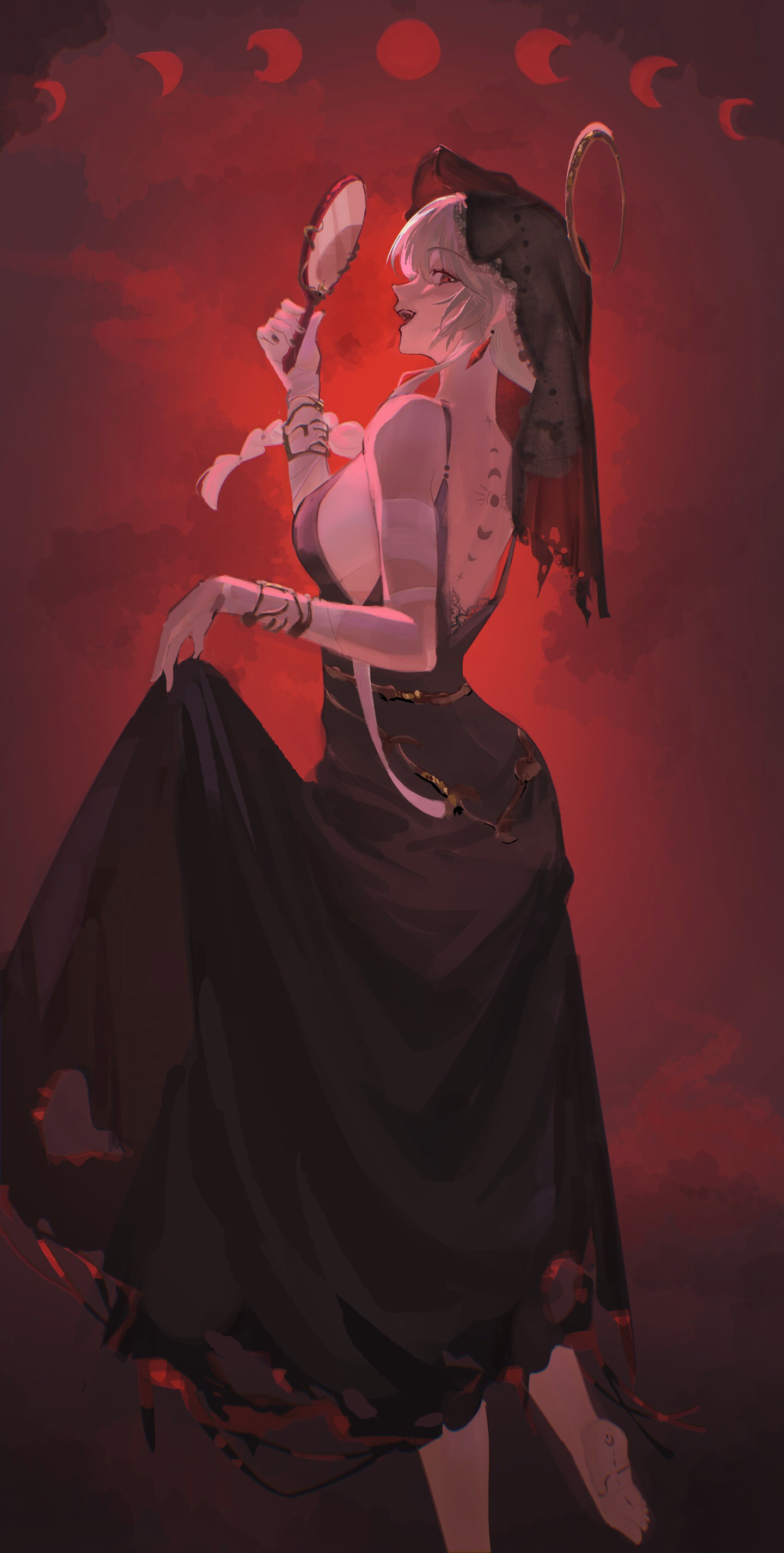 shixi (shir0shio), semmelweis (reverse:1999), semmelweis (the wax and wane of the heart) (reverse:1999), reverse:1999, absurdres, highres, 1girl, back tattoo, backless dress, backless outfit, backlighting, bandaged arm, bandages, bare shoulders, barefoot, black dress, black veil, braid, dress, foot out of frame, foot tattoo, from side, hair ornament, hand mirror, hand up, holding, holding mirror, lace-trimmed veil, lace trim, long braid, long dress, mirror, moon phases, official alternate costume, open mouth, profile, red background, red eyes, single braid, skirt hold, sleeveless, sleeveless dress, smile, solo, standing, tattoo, veil, white hair