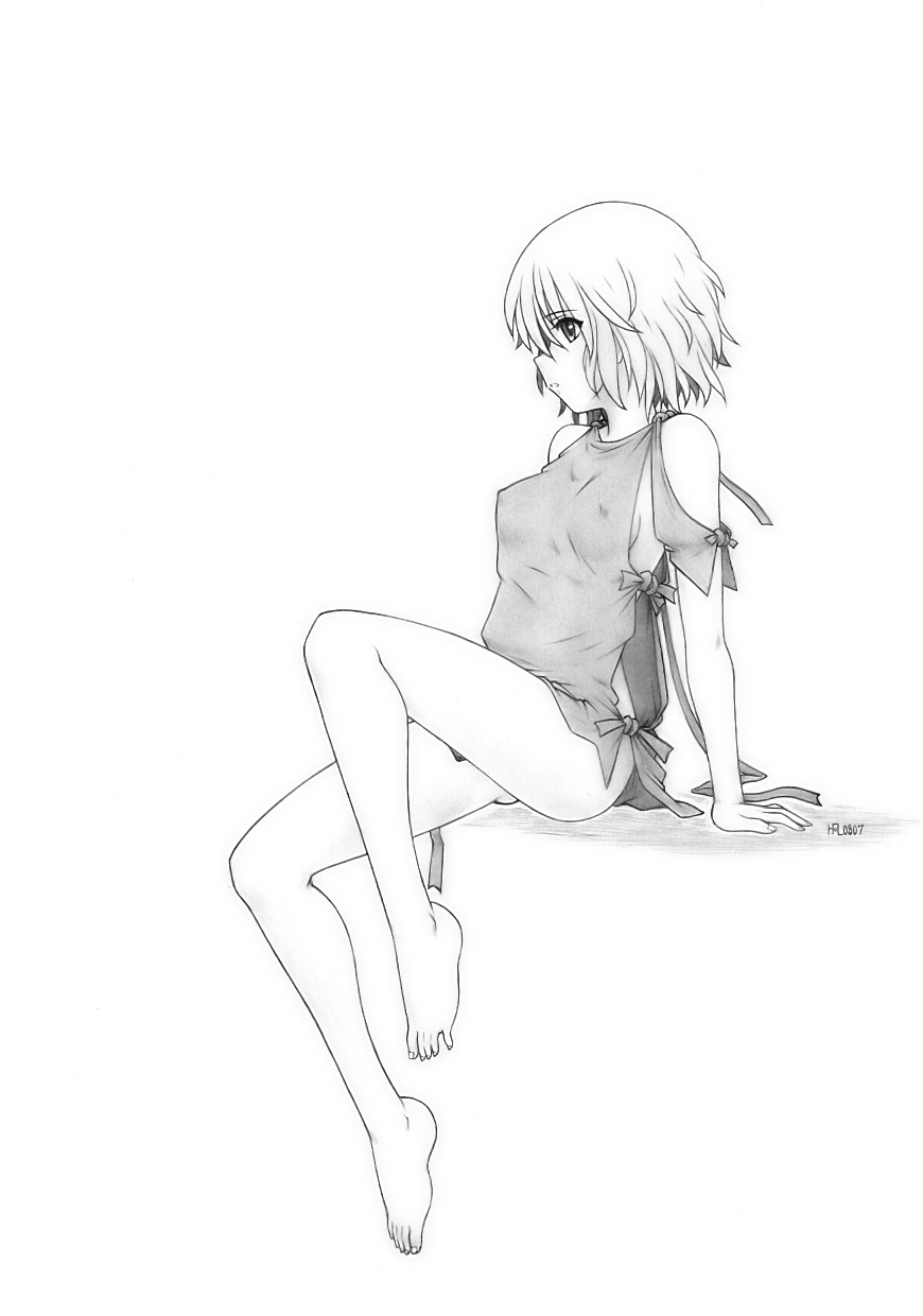 harumachi nagaaki, ren (fragile), fragile, fragile: sayonara tsuki no haikyo, namco, highres, 1girl, bare shoulders, barefoot, breasts, clothing cutout, covered erect nipples, feet, female focus, full body, greyscale, legs, medium breasts, monochrome, no panties, pinup (style), shoulder cutout, sideboob, solo