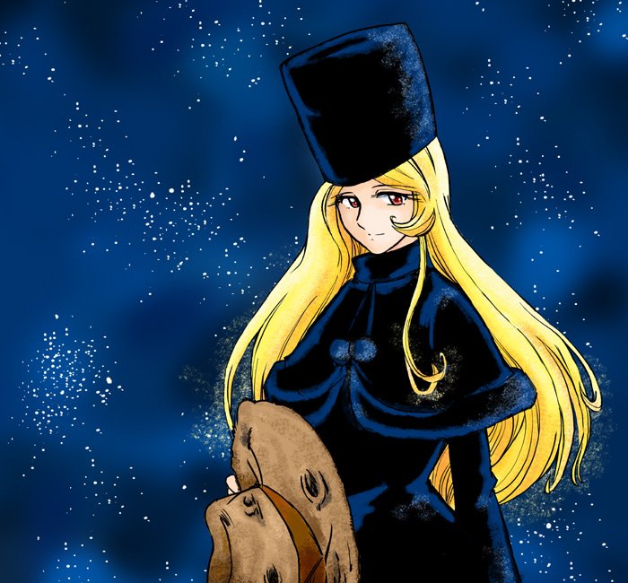 maetel, ginga tetsudou 999, 1970s (style), 1girl, female focus, fur hat, hat, oldschool, retro artstyle, science fiction, solo, space, star (sky)