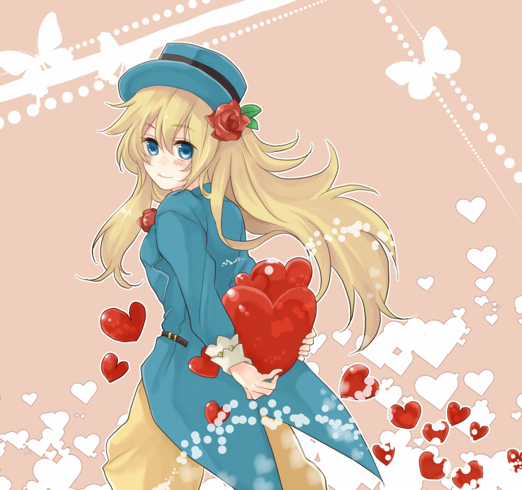 konoha2014, selphy, rune factory, rune factory frontier, commentary, 1girl, blonde hair, blue hat, bug, butterfly, closed mouth, cowboy shot, flower, hair flower, hair ornament, hat, hat feather, heart, holding, holding heart, insect, looking at viewer, looking back, red flower, red rose, rose, smile, solo