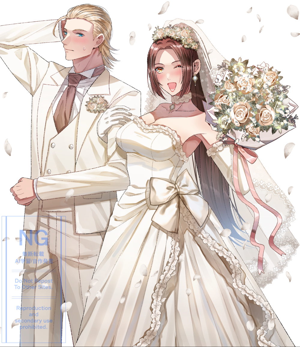 aosa (jmzg2528), andy bogard, shiranui mai, fatal fury, fatal fury: city of the wolves, street fighter, street fighter 6, commentary request, 1boy, 1girl, arm behind head, bare shoulders, blonde hair, blue eyes, blush, bouquet, breasts, bridal veil, brown eyes, brown hair, brown necktie, cleavage, closed mouth, collarbone, couple, dress, earrings, elbow gloves, falling petals, feet out of frame, flower, gloves, hair slicked back, holding, holding another's arm, holding bouquet, husband and wife, jacket, jewelry, large breasts, long hair, looking at viewer, necktie, one eye closed, open clothes, open jacket, open mouth, pants, parted bangs, petals, pink ribbon, ribbon, shirt, short hair, strapless, strapless dress, suit jacket, sweatdrop, tuxedo, veil, wedding dress, wedding suit, white background, white dress, white flower, white gloves, white jacket, white pants, white petals, white shirt