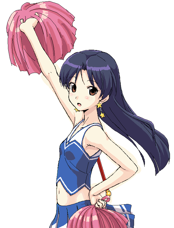 takayaki, kisaragi chihaya, idolmaster, idolmaster (classic), idolmaster 1, 00s, 1girl, arm up, bare shoulders, brown eyes, cheerleader, earrings, female focus, flat chest, jewelry, long hair, midriff, oekaki, pixel art, pom pom (cheerleading), purple hair, solo