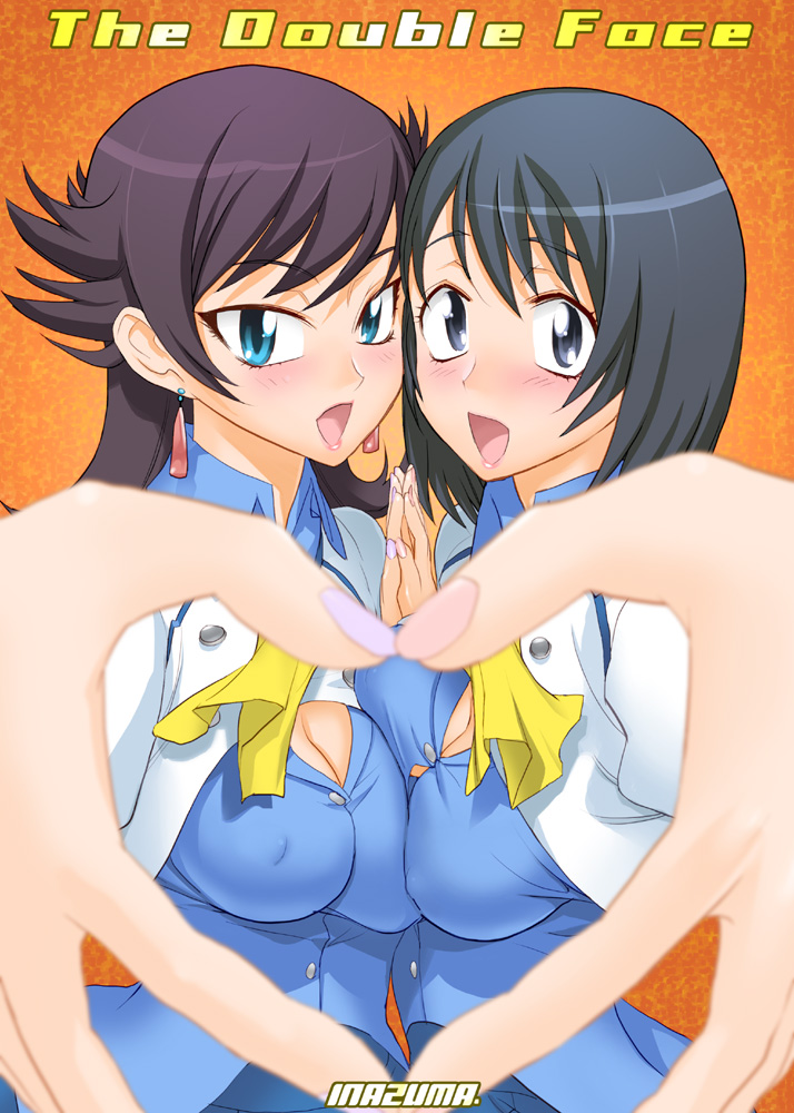 satou shouji, nowaki hotaru, tokiwa natsuko, zettai karen children, 00s, 2girls, blush, breast press, breasts, earrings, four-finger heart hands, heart, heart hands, heart hands duo, jewelry, large breasts, multiple girls, open mouth, short hair, symmetrical docking