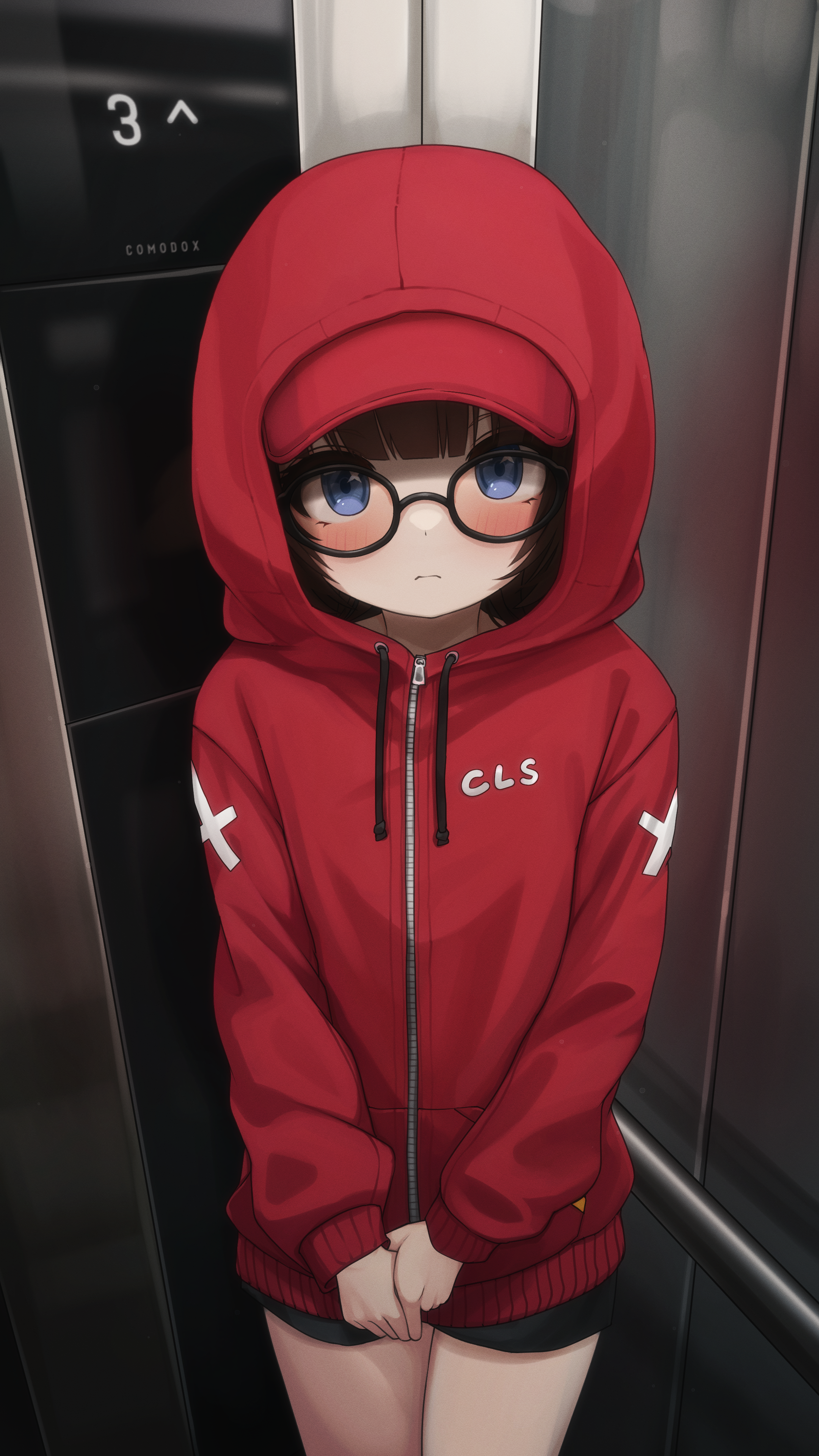 comodox, sheryn (comodox), original, absurdres, highres, huge filesize, large variant set, variant set, 1girl, baseball cap, black-framed eyewear, black shorts, blue eyes, blush, brown hair, closed mouth, cowboy shot, drawstring, elevator, glasses, hat, hat under hood, hood, hood up, hooded jacket, indoors, jacket, long sleeves, looking at viewer, peaked cap, red hat, red jacket, short shorts, shorts, solo, standing
