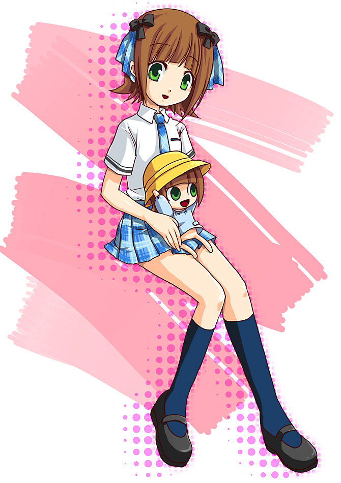 inpr, amami haruka, nonowa, idolmaster, idolmaster (classic), 00s, 2girls, female focus, full body, hat, multiple girls, rough time school, school uniform, serafuku, shoes, sitting, white background