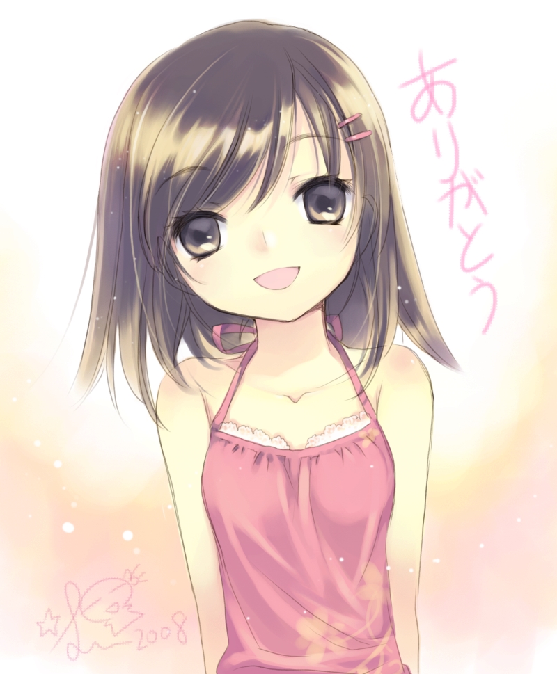 ikusabe lu, original, 1girl, brown eyes, brown hair, female focus, flat chest, hair ornament, hairclip, happy, short hair, smile, solo