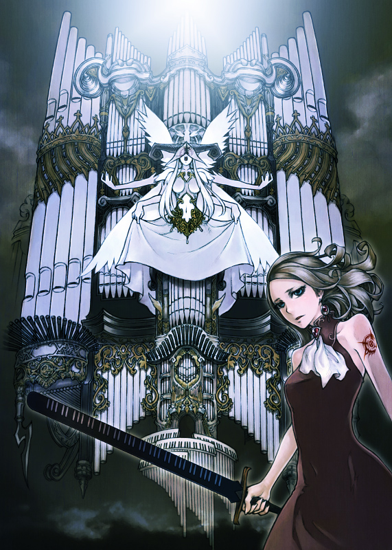 hanji (hansi), original, 1girl, brown hair, female focus, green eyes, instrument, organ (instrument), pipe organ, solo, sword, tattoo, weapon, wings