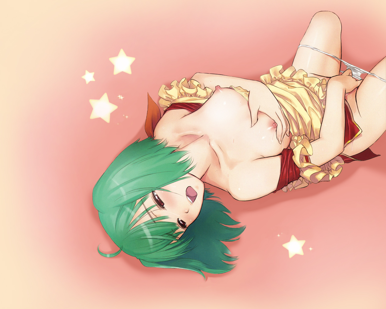 tony taka, ranka lee, macross, macross frontier, 00s, 1girl, ahoge, blush, breasts, covered erect nipples, female focus, female masturbation, fingering, grabbing another's breast, grabbing own breast, green hair, groping, large breasts, masturbation, nipples, no bra, no panties, open mouth, panties, panty pull, pussy juice, short hair, solo, star (symbol), thighs, underwear, wet