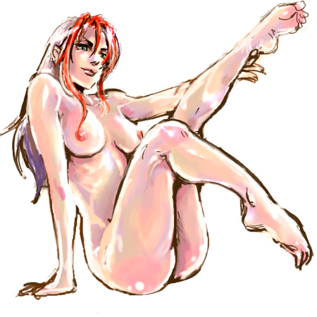 neun (neun9), birdy cephon altera, tetsuwan birdy, tetsuwan birdy decode, toe-point, bad id, bad pixiv id, lowres, 00s, 1girl, ass, barefoot, breasts, colored bangs, feet, female focus, full body, green eyes, legs up, lips, medium breasts, nipples, nude, oekaki, red hair, simple background, sitting, solo