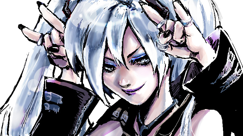 neun (neun9), hagane miku, hatsune miku, hagane vocaloid, vocaloid, bad id, bad pixiv id, n/, lipstick, m/, makeup, oekaki, solo, white hair
