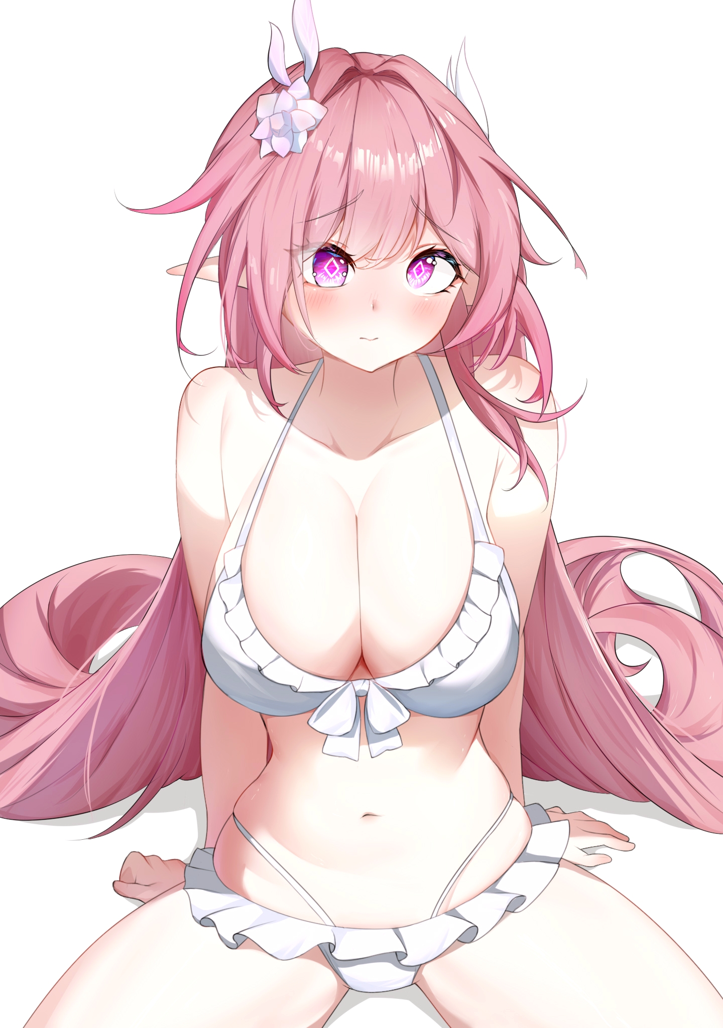 cyrene (honkai: star rail), cyrene (ripples of past reverie) (honkai: star rail), honkai: star rail, honkai (series), commentary request, highres, 1girl, bikini, blush, breasts, cleavage, diamond-shaped pupils, diamond (shape), flower, hair flower, hair ornament, large breasts, long hair, looking at viewer, navel, pink hair, pointy ears, purple eyes, simple background, sitting, solo, stomach, swimsuit, symbol-shaped pupils, thighs, very long hair, white background, white bikini, wu wang po de xue