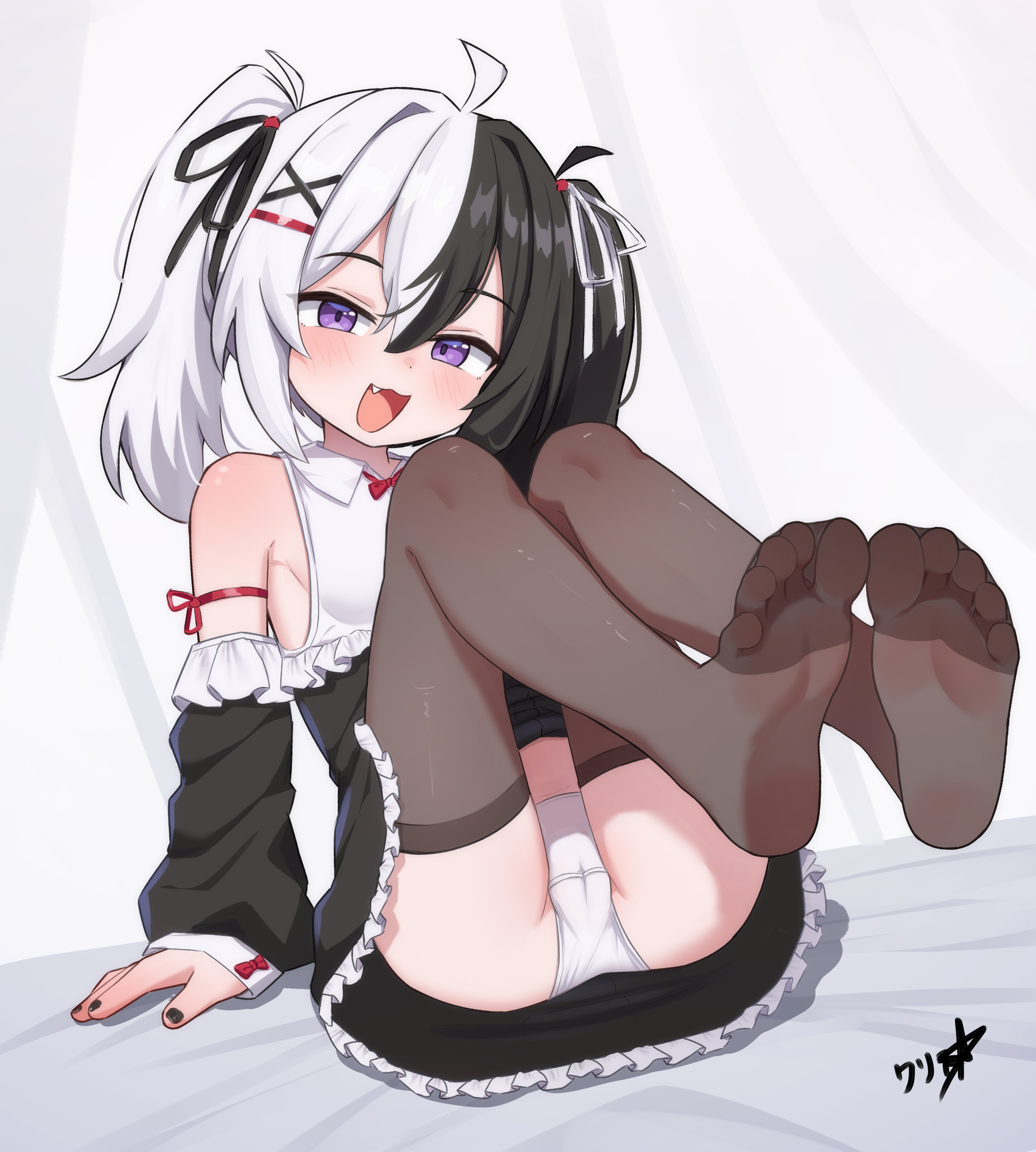 boppin, original, absurdres, commentary, commission, english commentary, highres, variant set, 1girl, black hair, black nails, black thighhighs, brown thighhighs, feet, frills, hair ornament, multicolored hair, nail polish, no shoes, panties, purple eyes, soles, solo, thighhighs, toes, underwear, white hair, white panties