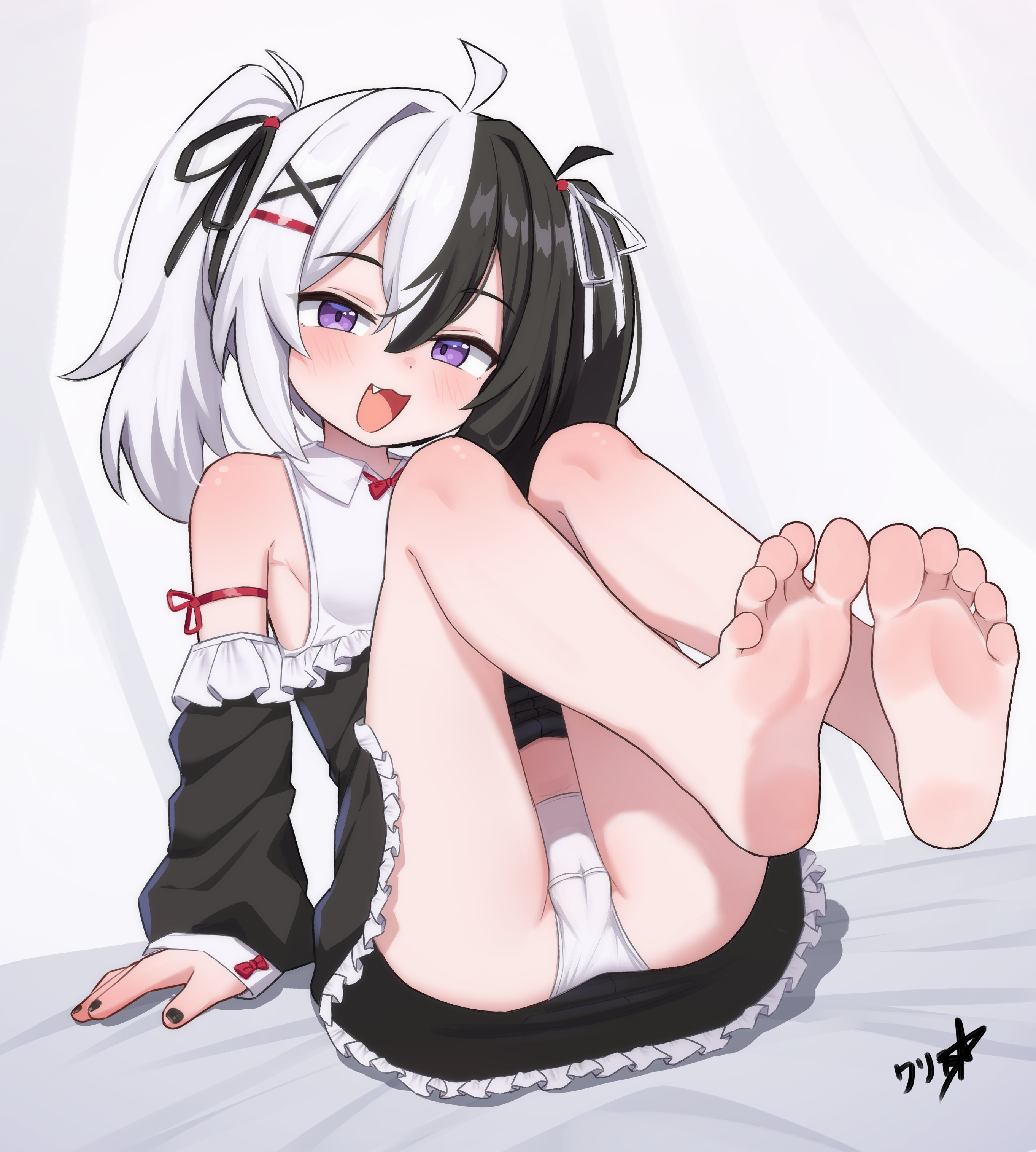 boppin, original, absurdres, commentary, commission, english commentary, highres, variant set, 1girl, barefoot, black hair, black nails, feet, foot focus, hair ornament, multicolored hair, nail polish, panties, purple eyes, soles, solo, toes, twintails, underwear, white hair, white panties