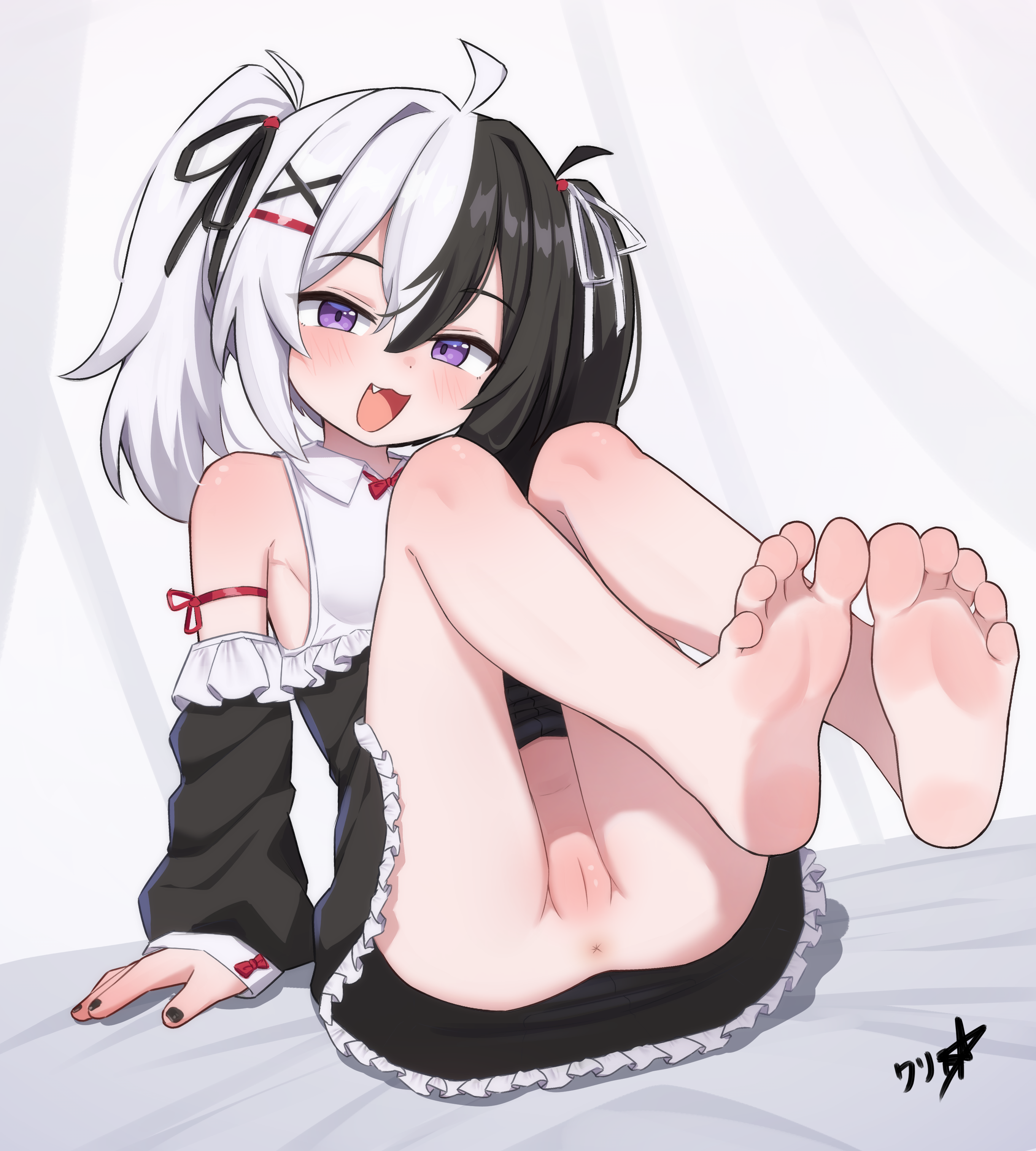 boppin, original, absurdres, commentary, commission, english commentary, highres, variant set, 1girl, anus, barefoot, black hair, black nails, cleft of venus, feet, hair ornament, multicolored hair, purple eyes, pussy, soles, solo, toes, twintails, uncensored, white hair