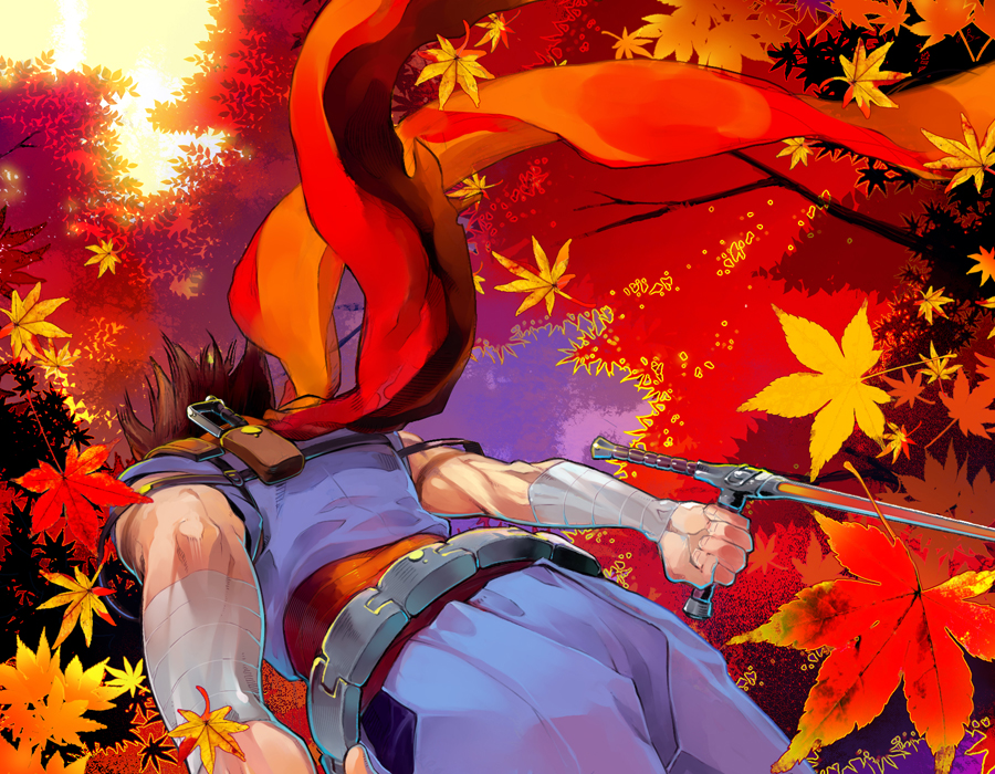 hpa (foolish factory), strider hiryuu, capcom, strider (video game), 1boy, autumn, from behind, from below, leaf, male focus, manly, ninja, red scarf, scarf, solo, sword, weapon