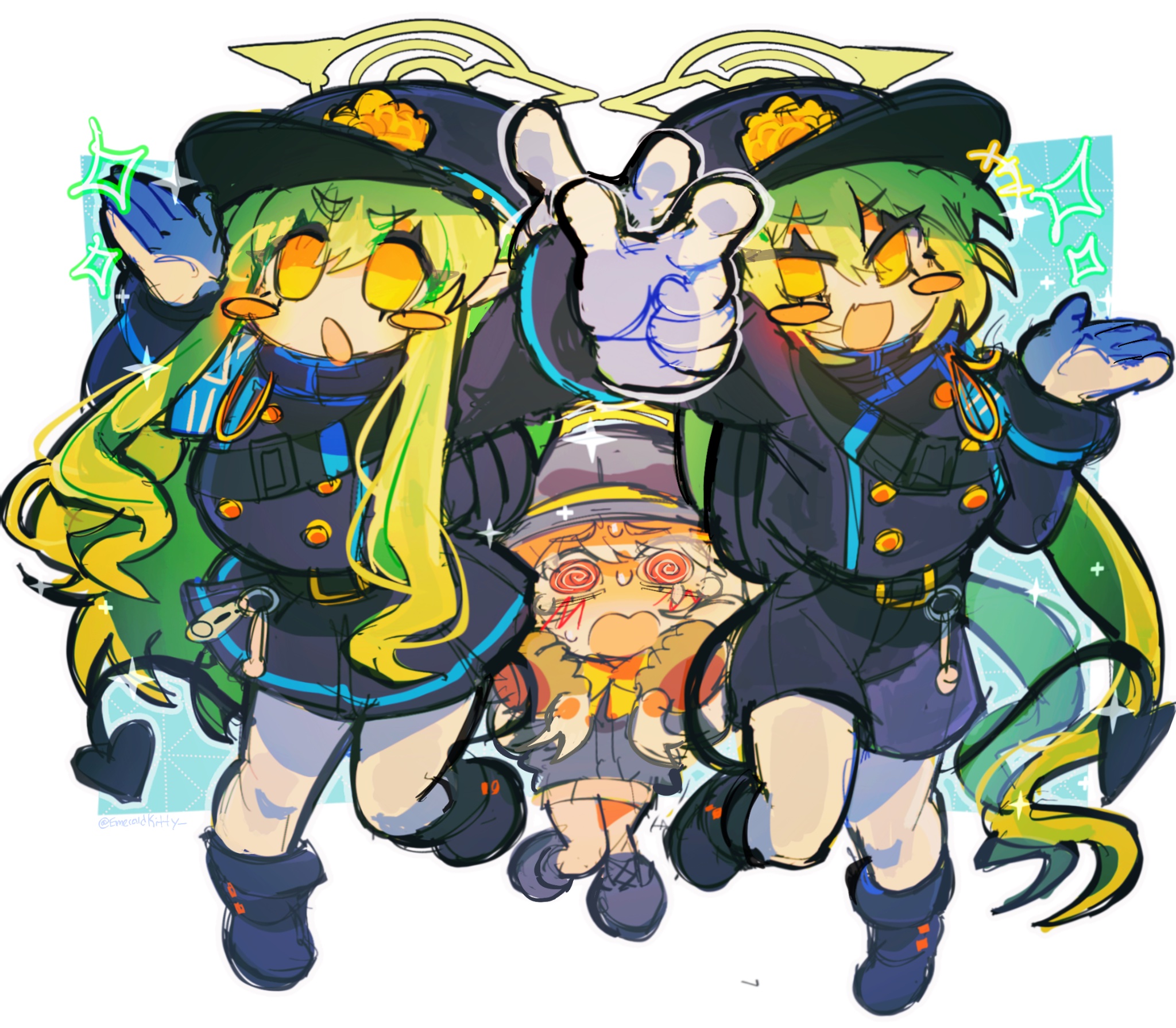 emerald kitty, aoba (blue archive), hikari (blue archive), nozomi (blue archive), blue archive, highres, @ @, armband, black tail, blue armband, blush, demon tail, green hair, green halo, halo, hat, making faces, pantyhose, peaked cap, siblings, sisters, tail, train conductor, twins, white pantyhose