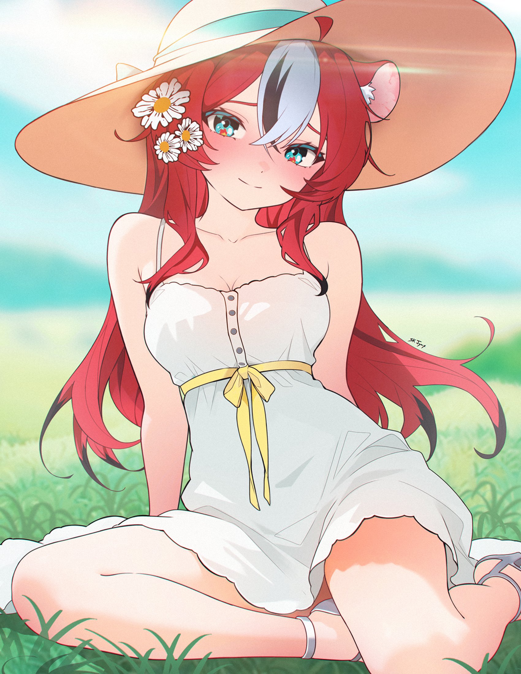 sk jynx, hakos baelz, hololive, hololive english, commentary, english commentary, highres, 1girl, alternate costume, animal ears, black hair, blue eyes, blue sky, blush, breasts, closed mouth, cloud, day, double-parted bangs, dress, flower, hair between eyes, hair flower, hair ornament, hat, high heels, long hair, looking at viewer, medium breasts, mouse ears, mouse girl, multicolored hair, on ground, outdoors, red hair, sandals, sitting, sky, sleeveless, sleeveless dress, smile, solo, straw hat, streaked hair, sun hat, sundress, virtual youtuber, white dress, white hair