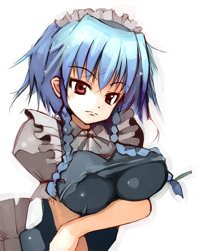 ippongui, izayoi sakuya, embodiment of scarlet devil, touhou, 1girl, blue hair, braid, breasts, female focus, large breasts, maid, red eyes, short hair, solo, twin braids, white background