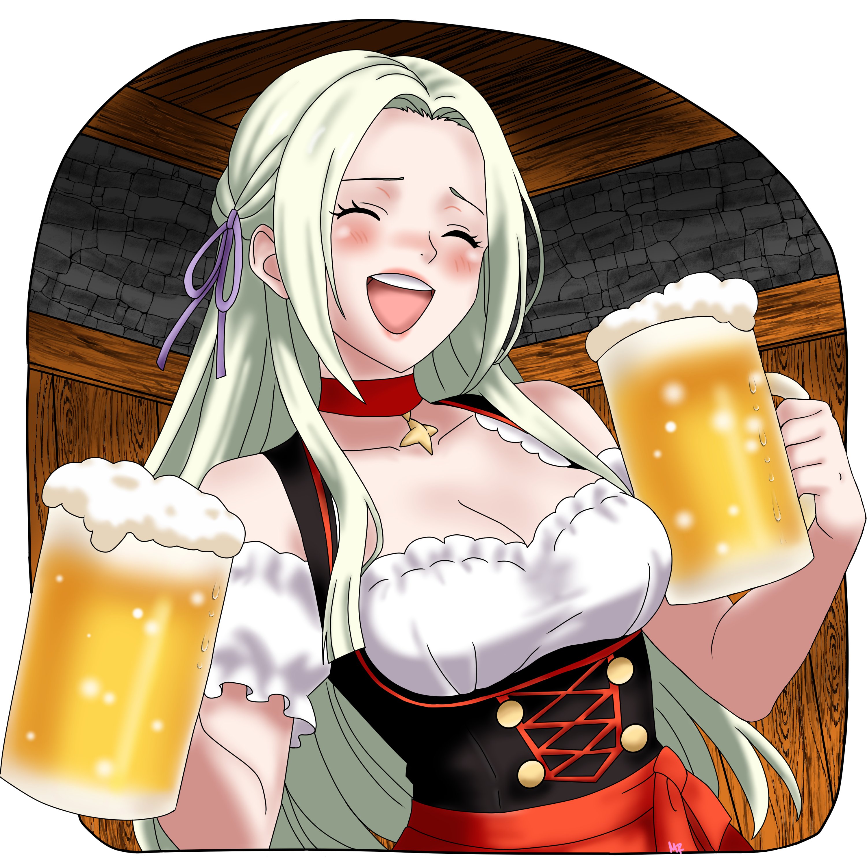 nekomoni, edelgard von hresvelg, fire emblem, fire emblem: three houses, nintendo, absurdres, highres, 1girl, alternate costume, beer mug, closed eyes, cup, dirndl, german clothes, hair ribbon, holding, holding cup, mug, oktoberfest, open mouth, purple ribbon, ribbon, white hair