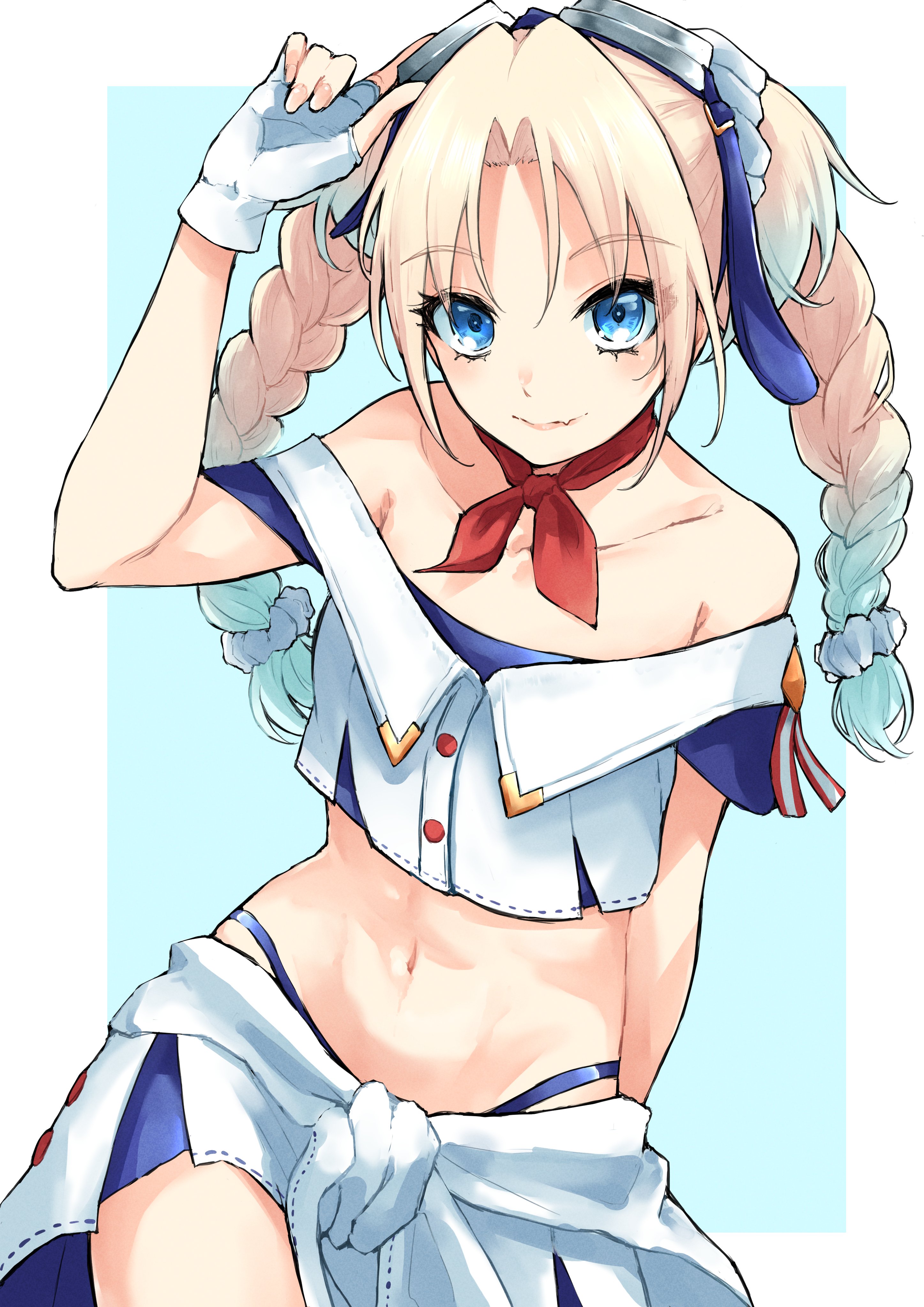 mendo (mend0o0 ), osawa rurino, link! like! love live!, love live!, absurdres, commentary, highres, 1girl, abs, ao no tsubame (love live!), bare shoulders, blonde hair, braid, closed mouth, clothes around waist, collarbone, curtained hair, fang, fang out, fingerless gloves, gloves, goggles, goggles on head, jacket, jacket around waist, looking at viewer, navel, neckerchief, off shoulder, official alternate costume, parted bangs, red neckerchief, skin fang, solo, twin braids, virtual youtuber, white gloves, white jacket