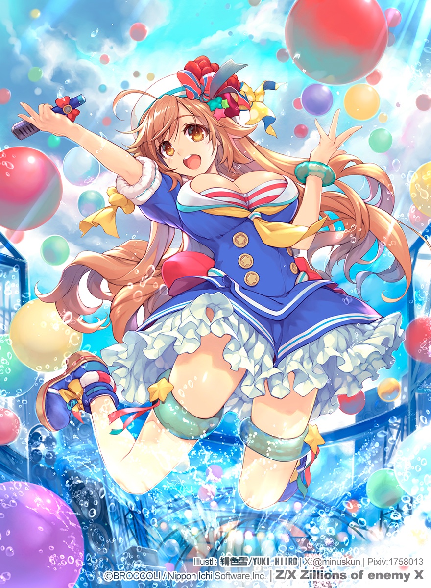 hiiro yuki, z/x, highres, official art, 1girl, ahoge, ball, bangle, blue dress, blue shoes, blue sky, bracelet, breasts, brown eyes, brown hair, cleavage cutout, clothing cutout, cloud, cloudy sky, copyright notice, dress, frilled dress, frills, hair ornament, hat, holding, holding microphone, idol clothes, jewelry, jumping, large breasts, long hair, microphone, necktie, open mouth, outdoors, prism (z/x), shirt, shoes, short sleeves, sky, splashing, star (symbol), star hair ornament, striped clothes, striped shirt, teeth, thigh strap, twitter username, upper teeth only, very long hair, white hat, yellow necktie