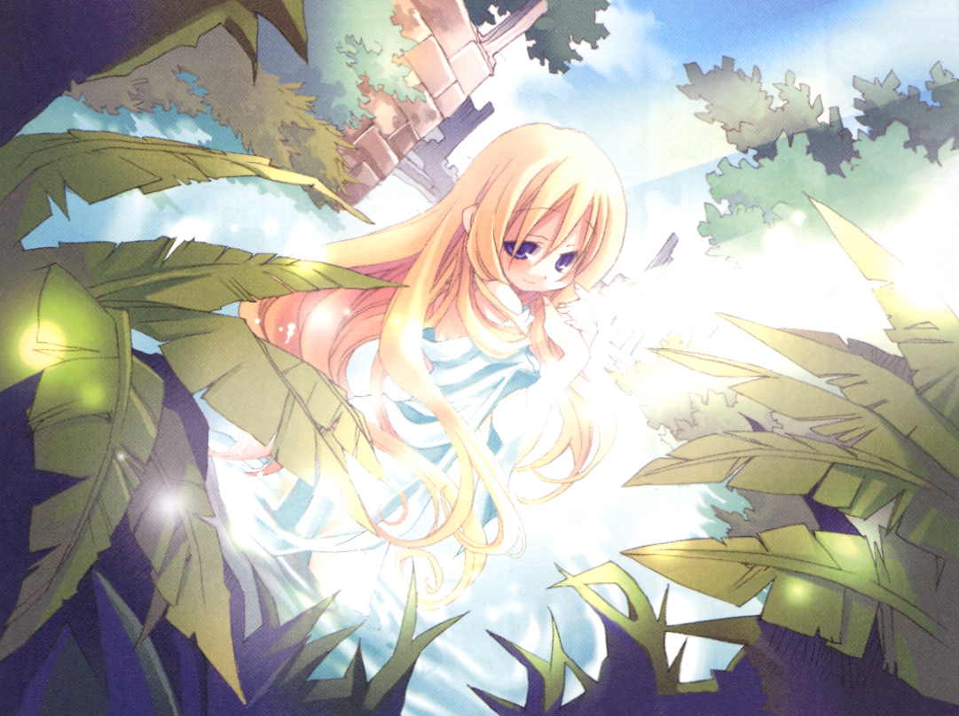kiyuzuki satoko, yggdra yuril artwaltz, yggdra union, official art, blonde hair, blue eyes, long hair, solo, water