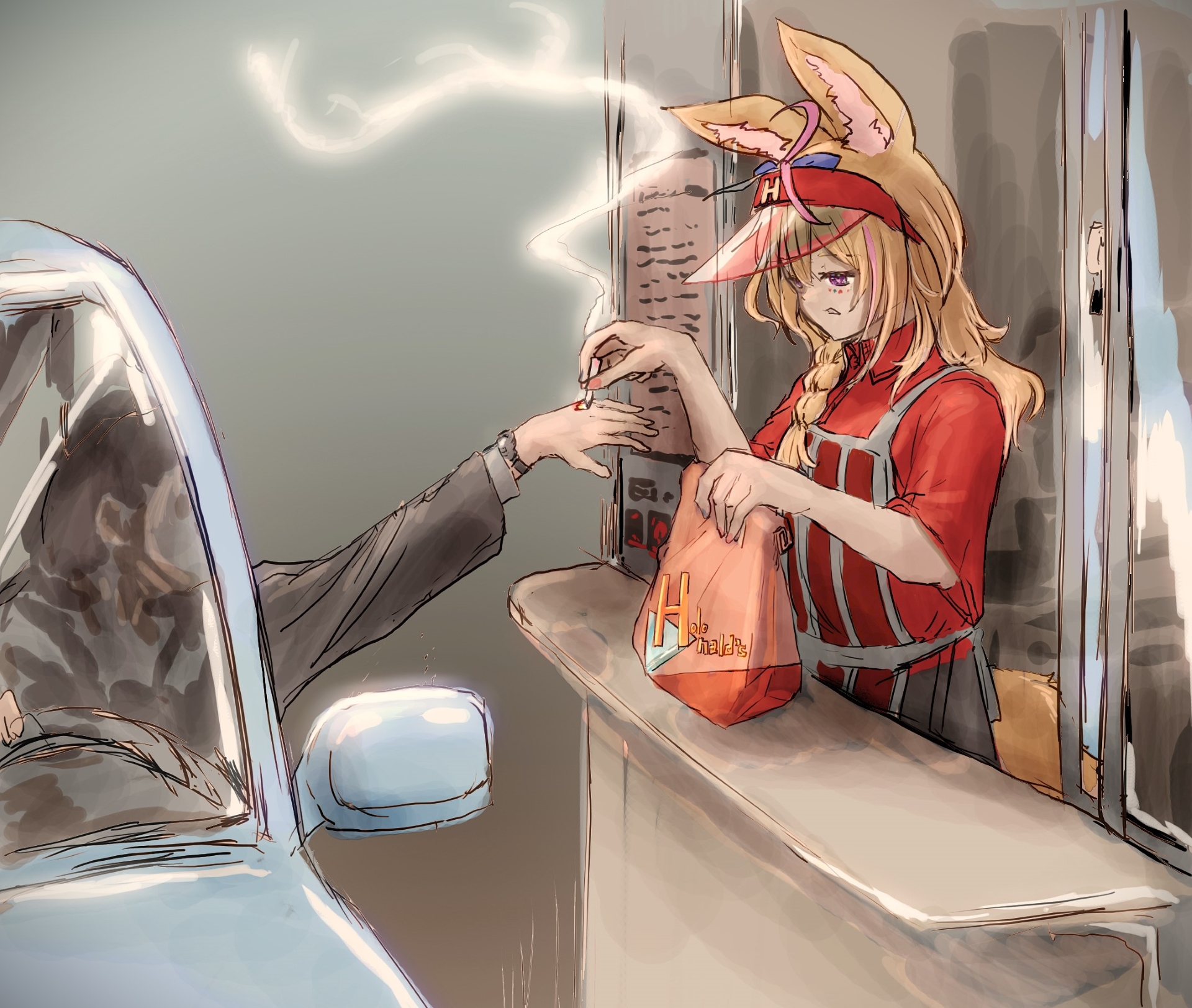 nymph rhythm, omaru polka, hololive, highres, 1boy, 1girl, animal ear fluff, animal ears, apron, bag, blonde hair, braid, breasts, car, cigarette, drive-thru, employee uniform, exhausted, fast food, fast food uniform, fox ears, fox girl, fox tail, holding, holding bag, holding cigarette, long hair, motor vehicle, purple eyes, red shirt, shirt, side braid, single braid, smoke, symbol-shaped pupils, tail, virtual youtuber, visor cap