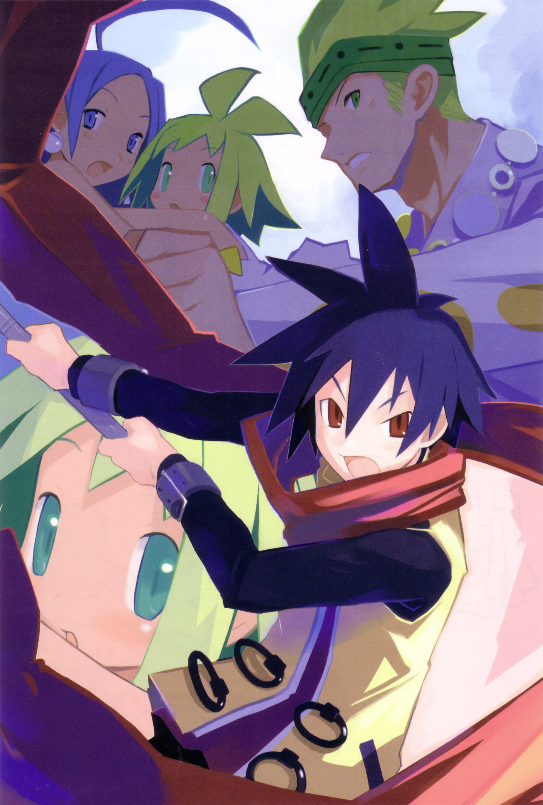 harada takehito, ash (phantom brave), haze (phantom brave), haze (phatom brave), jasmine (phantom brave), marona (phantom brave), nippon ichi, phantom brave, absurdres, highres, scan, 2boys, 2girls, multiple boys, multiple girls
