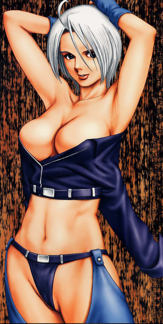 saigado, angel (kof), snk, the king of fighters, 1girl, ahoge, armpits, blue eyes, breasts, cleavage, female focus, large breasts, lips, midriff, solo, white hair