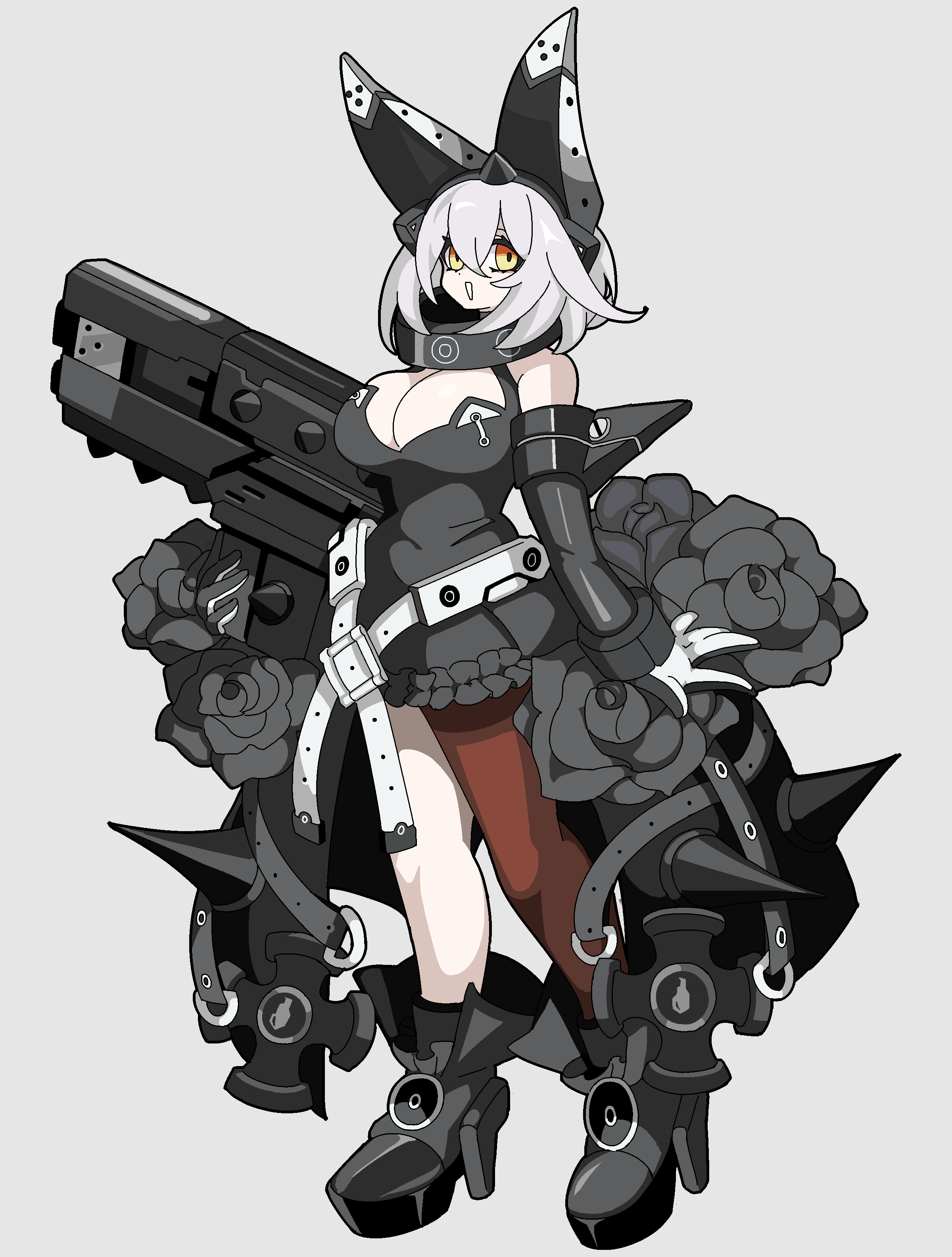 kekeken, elphelt valentine, elphelt valentine (doll annihilator), girls' frontline, guilty gear, guilty gear strive, guilty gear xrd, absurdres, commentary request, highres, 1girl, black boots, black dress, black flower, black gloves, black rose, boots, breasts, collar, covered navel, crossover, dress, flower, full body, gloves, gun, hairband, holding, holding gun, holding weapon, large breasts, looking at viewer, official alternate costume, rose, sangvis ferri, shotgun, single leg pantyhose, single thighhigh, solo, spiked collar, spikes, thighhighs, weapon, yellow eyes