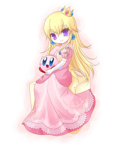 kirby, princess peach, kirby (series), mario (series), nintendo, super smash bros., lowres, 1girl, blonde hair, blue eyes, crossover, crown, dress, elbow gloves, female focus, gloves, long hair, pink dress, purple eyes, smile, solo