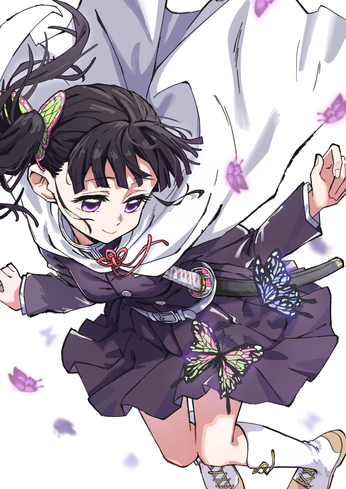 shinshin (ssnsn oekaki), tsuyuri kanao, kimetsu no yaiba, highres, 1girl, belt, black hair, blunt bangs, breasts, bug, butterfly, butterfly hair ornament, cape, cloak, closed mouth, demon slayer uniform, hair ornament, insect, japanese clothes, long hair, long sleeves, purple eyes, side ponytail, skirt, smile, solo, white belt, white cape, white cloak