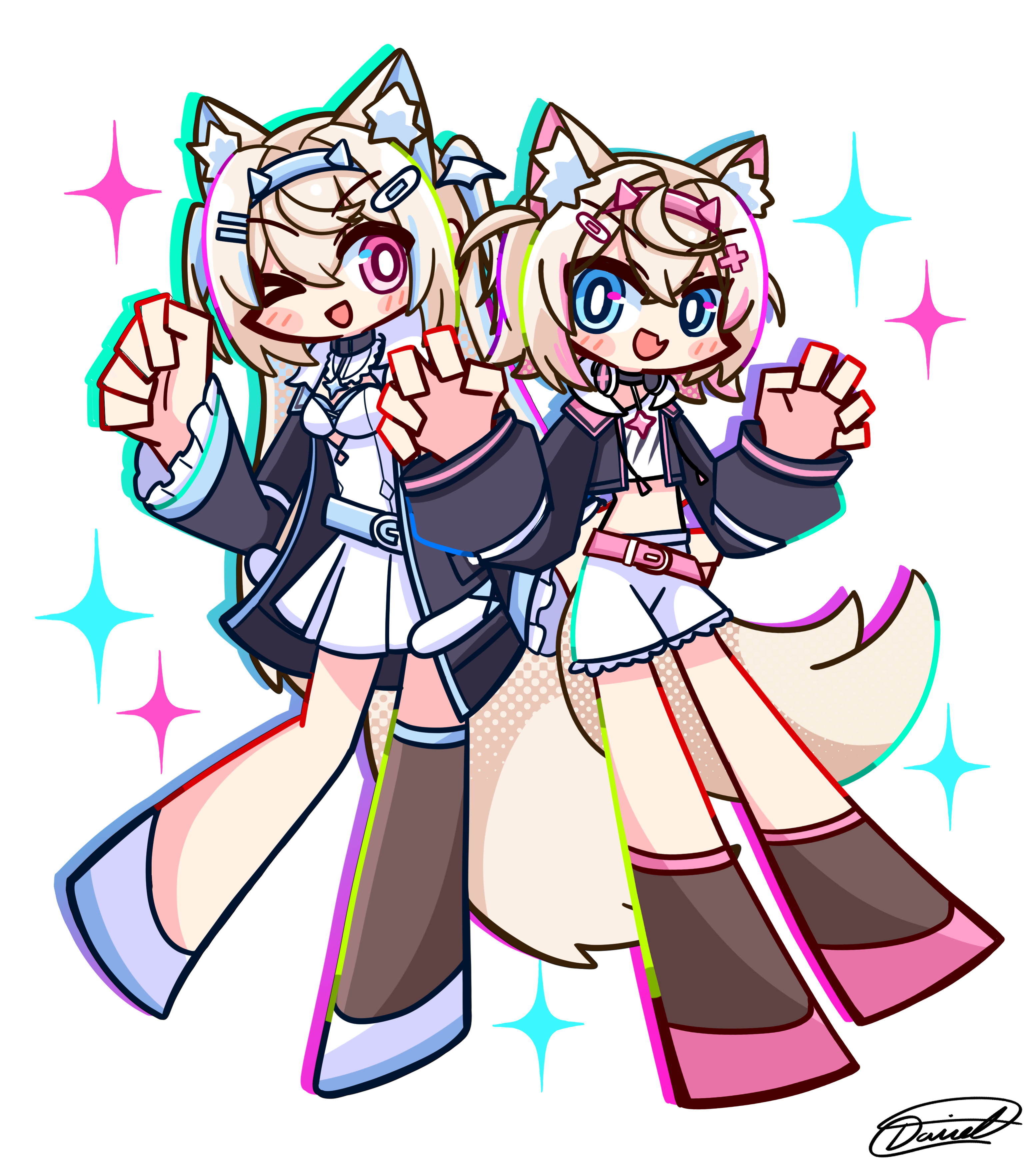 sico de seraph, fuwawa abyssgard, fuwawa abyssgard (1st costume), mococo abyssgard, mococo abyssgard (1st costume), hololive, hololive english, absurdres, commentary, english commentary, highres, 2girls, animal ear fluff, animal ears, black coat, black jacket, blonde hair, blue eyes, blue hair, coat, crop top, cropped jacket, cropped shirt, dog ears, dog girl, dog tail, dress, hairband, jacket, long hair, multiple girls, open clothes, open coat, open jacket, open mouth, pink eyes, pink hair, shirt, short hair, shorts, siblings, signature, simple background, sisters, sparkle, spiked hairband, spikes, tail, twins, virtual youtuber, white background, white dress, white shirt, white shorts